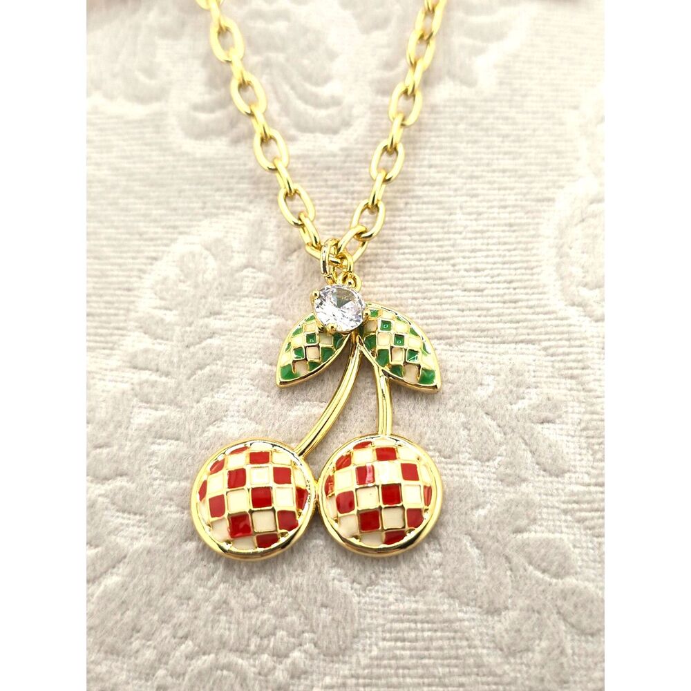 En Route Checkered Cherry Pendant Necklace Gold Tone Crystal Accent 16" Spring